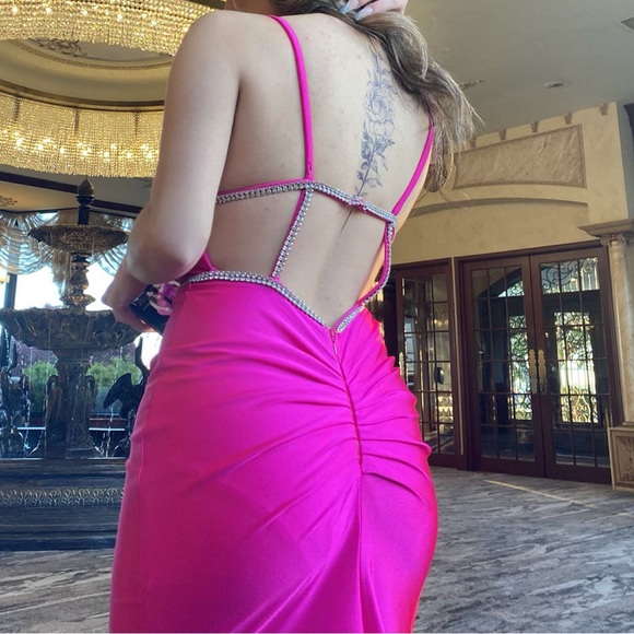 Hot Pink V Neck Plunge Embellished Mermaid Prom Dress - Picture 6 of 6
